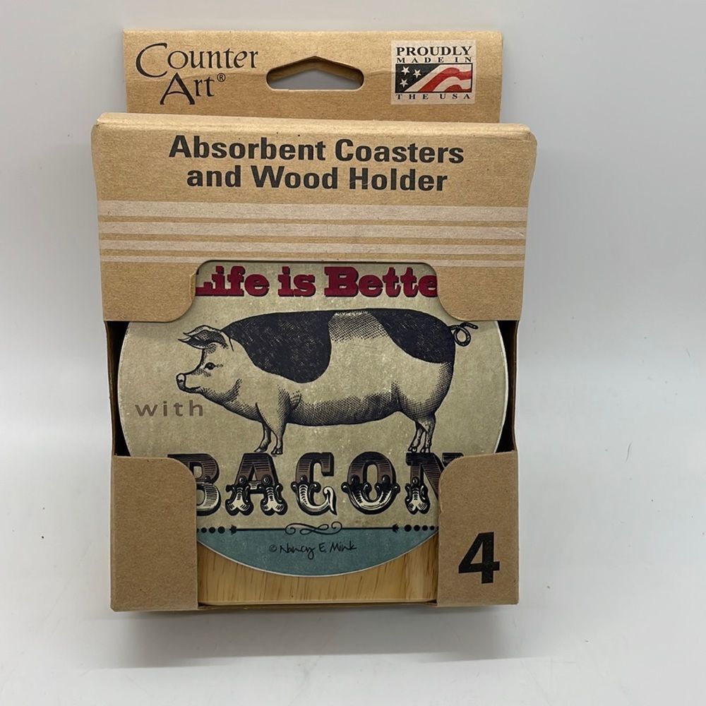 New CounterArt Absorbent Coaster Set (4) Pig  with Wood Holder 4" square Gift